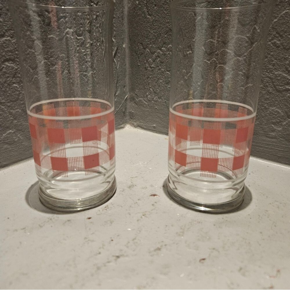 Vintage Libby Pink Gingham Drinking Glasses 6"